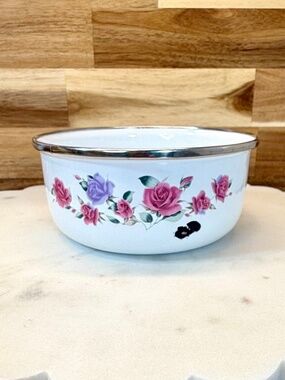 GMI Vintage Floral Enamel Bowl | Pink & Lavender Roses | Small 🌹